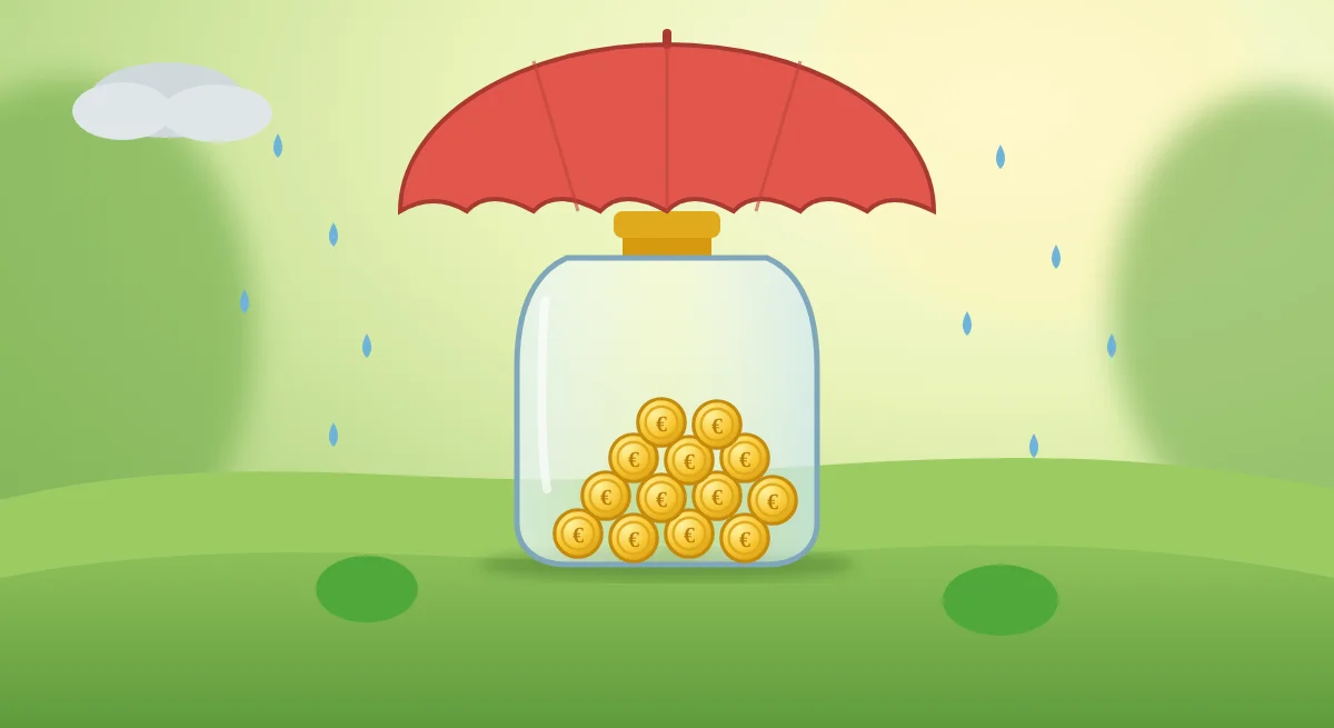 Glazen pot met munten onder een paraplu in de regen, symbool voor een financiële buffer