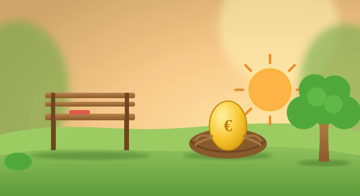 Bankje en een gouden ei in een nest bij zonsondergang, symbool voor pensioen