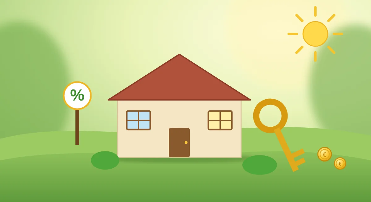 Huis met een gouden sleutel en een bord met procentteken, symbool voor hypotheek en wonen