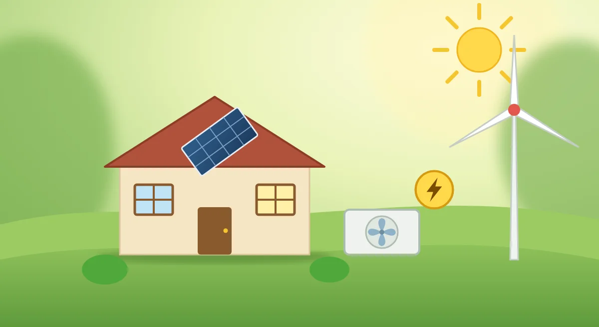 Huis met zonnepaneel, warmtepomp en windturbine in een groene tuin